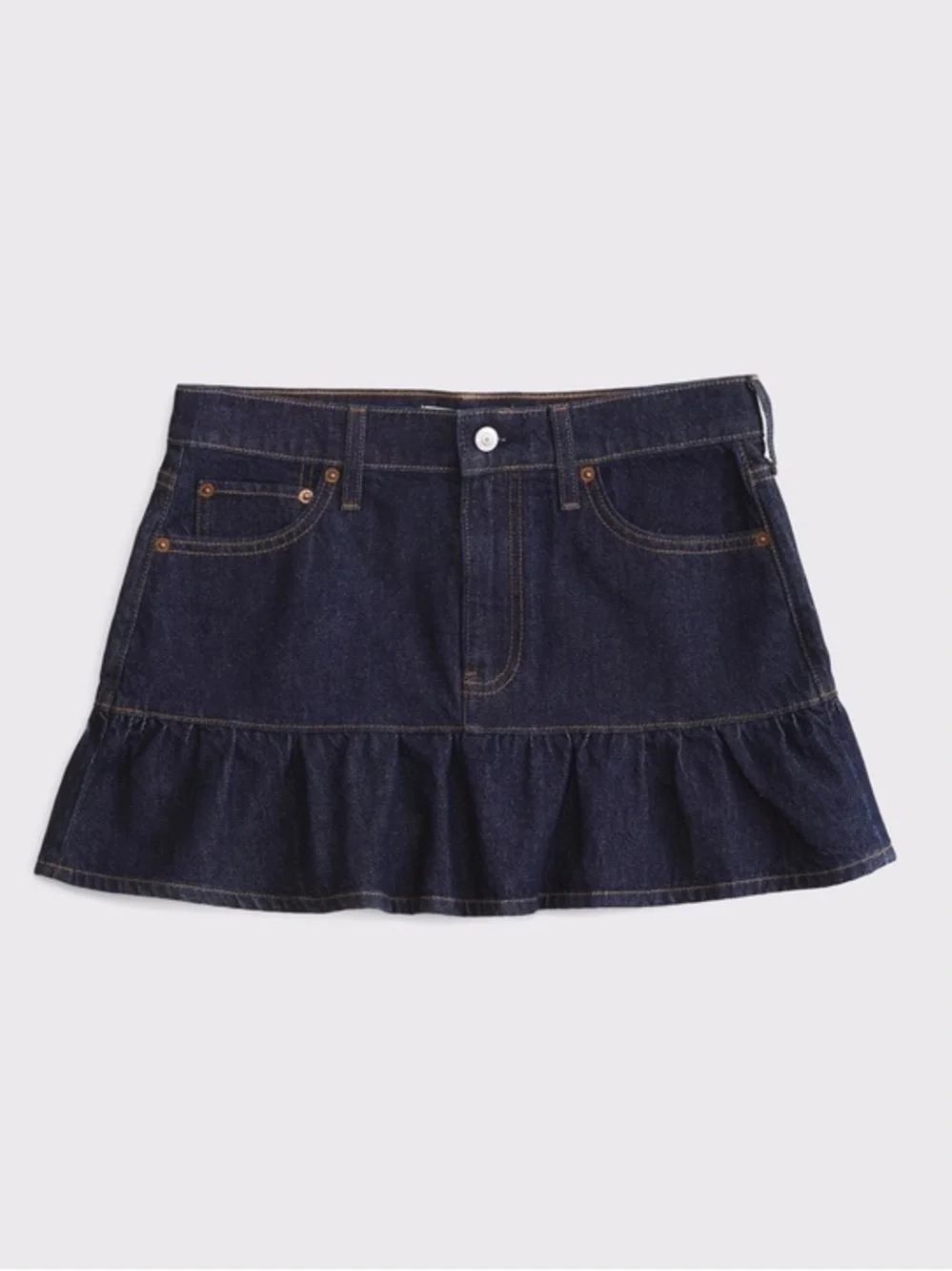 Abercrombie Mid Rise Drop-Waist Ruffle Denim Mini Skirt – Rinse Blue - Picture 6 of 9